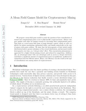 PDF Document Cover - A Mean Field Games Model for Cryptocurrency Mining: Centralization Dynamics